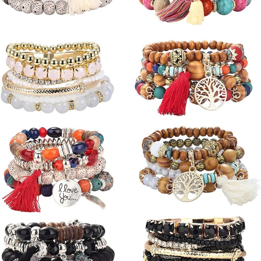 8 Sets Bohemian Stackable Bead Bracelets for Women Stretch Multilayered Boho Sta